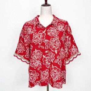 Nautica Top Womens XL Red Floral Button Up Crochet Knit Cotton Tropical Beach
